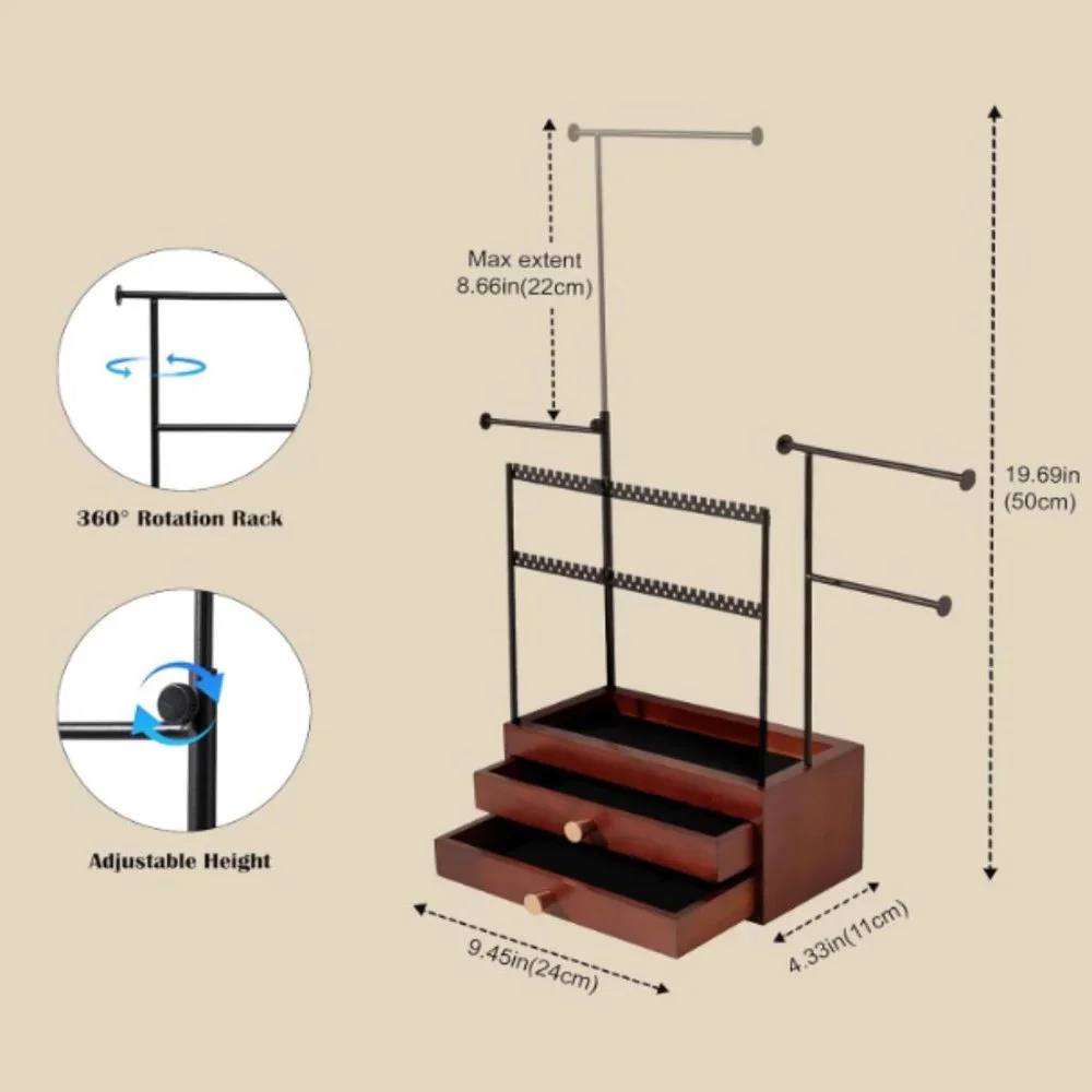 5-Tier Jewelry Stand - Earring Holders - Necklace Towers + 2 Wooden Drawers